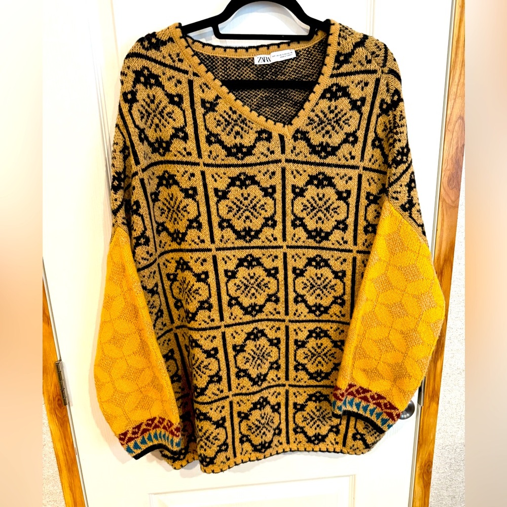 ZARA ASYMMETRIC COLLAR JACQUARD KNIT SWEATER OVERSIZED